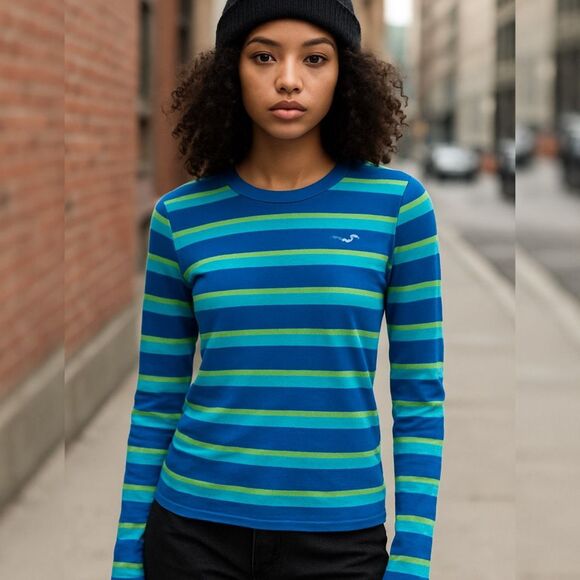 Y2K Hollister Striped Long Sleeve Shirt Blue Green Cotton Modal Top Size Small - Picture 1 of 10